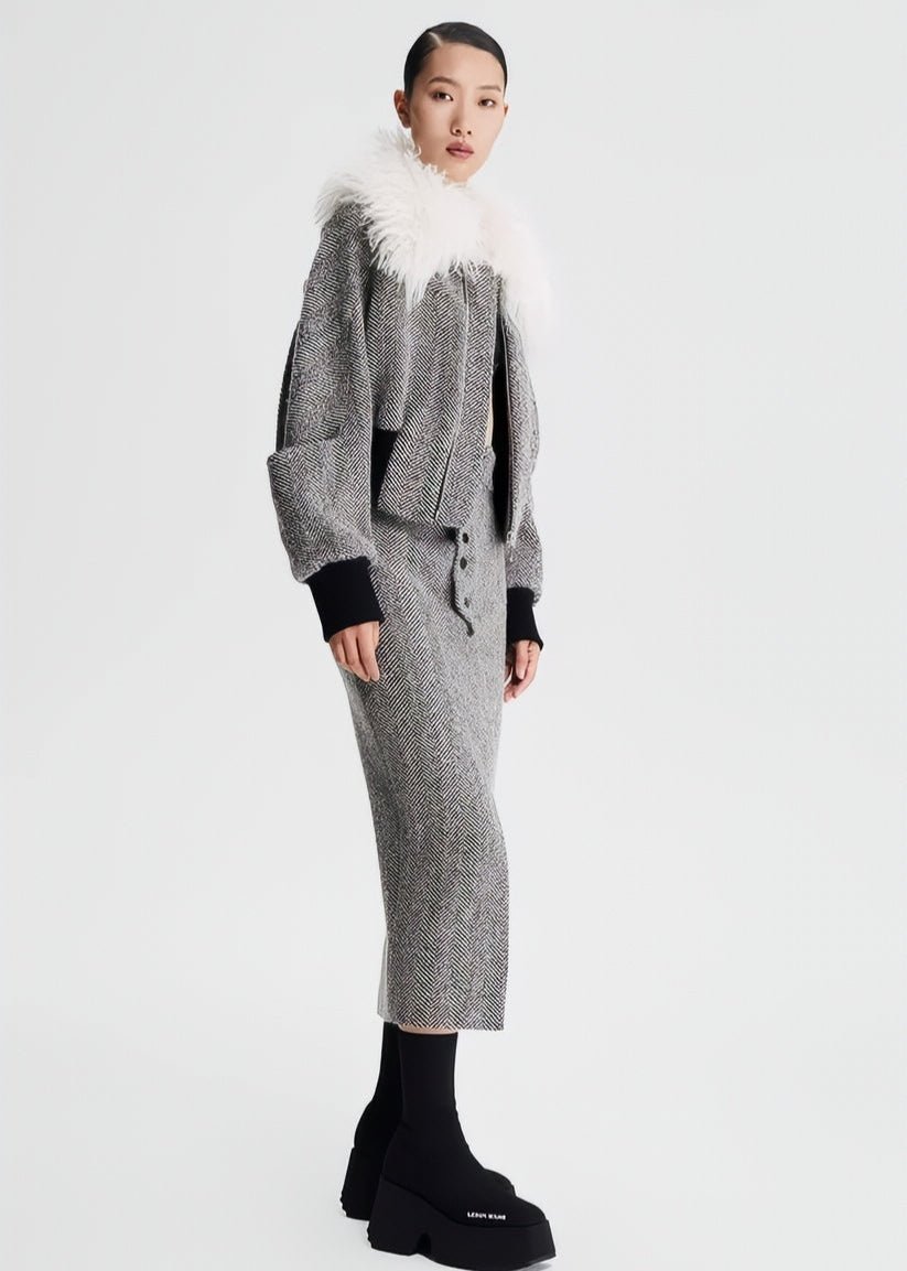 wool fur collar tweed cropped jacket - Vera Lumina