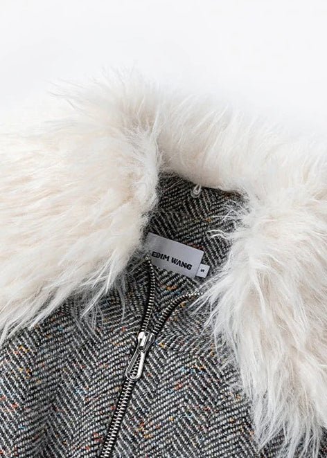 wool fur collar tweed cropped jacket - Vera Lumina