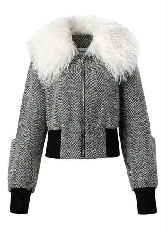 wool fur collar tweed cropped jacket - Vera Lumina
