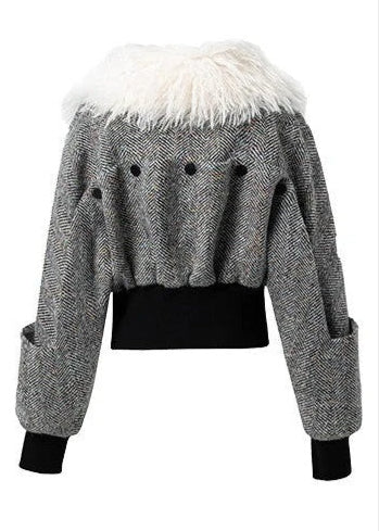 wool fur collar tweed cropped jacket - Vera Lumina