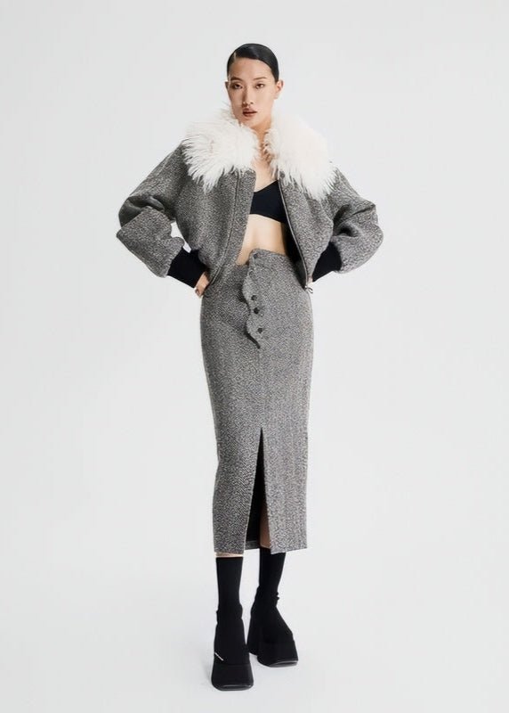 wool fur collar tweed cropped jacket - Vera Lumina