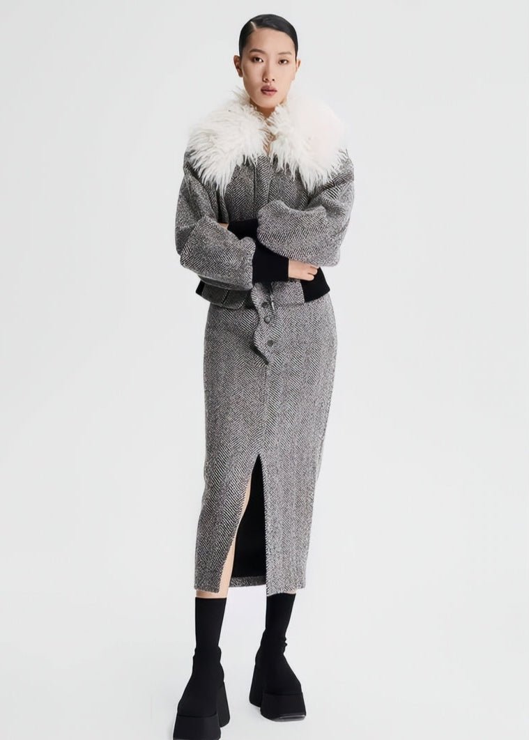 wool fur collar tweed cropped jacket - Vera Lumina