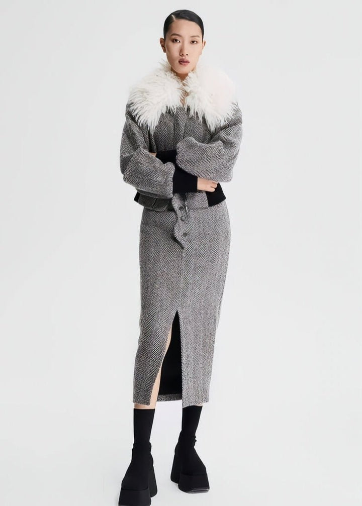 wool fur collar tweed cropped jacket - Vera Lumina