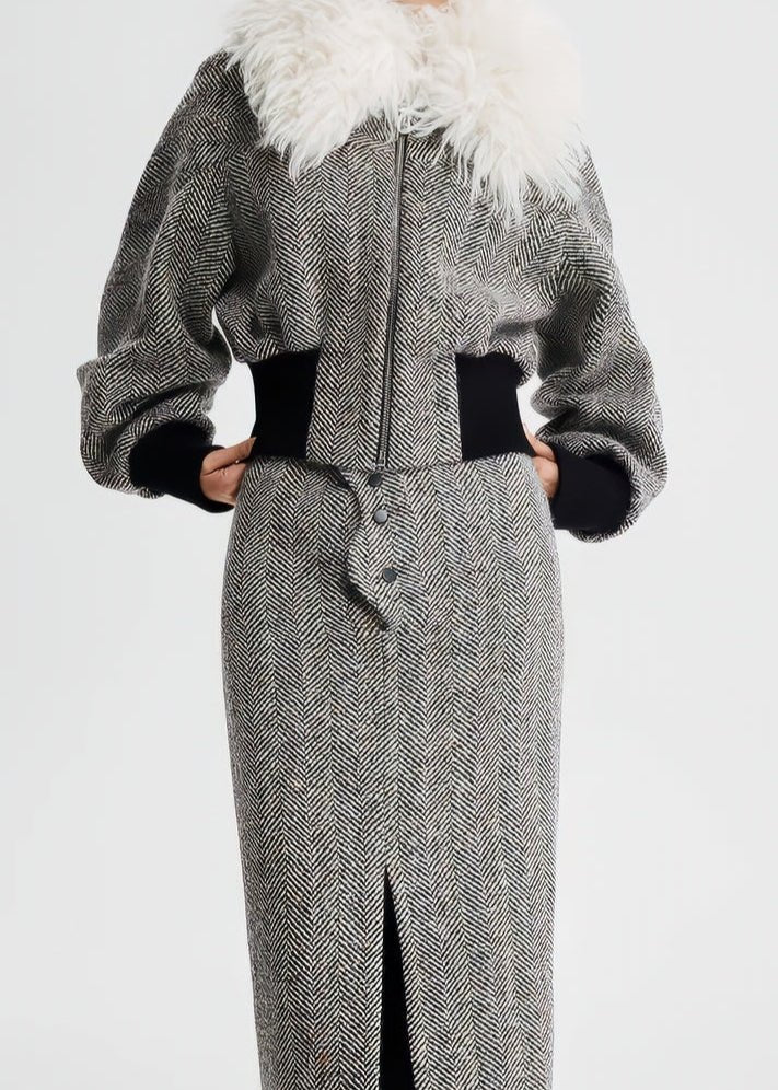 wool fur collar tweed cropped jacket - Vera Lumina