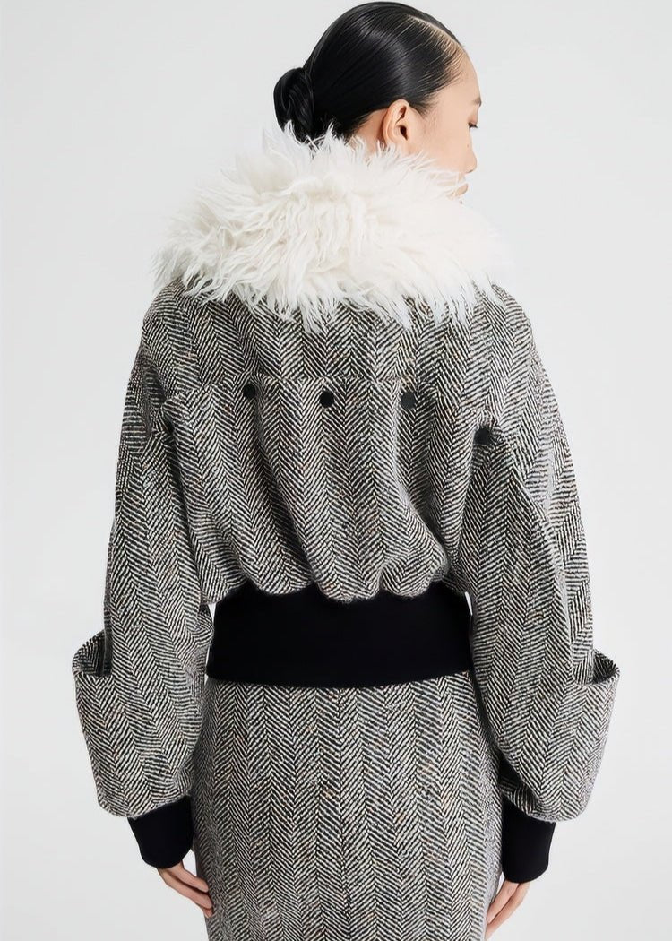 wool fur collar tweed cropped jacket - Vera Lumina
