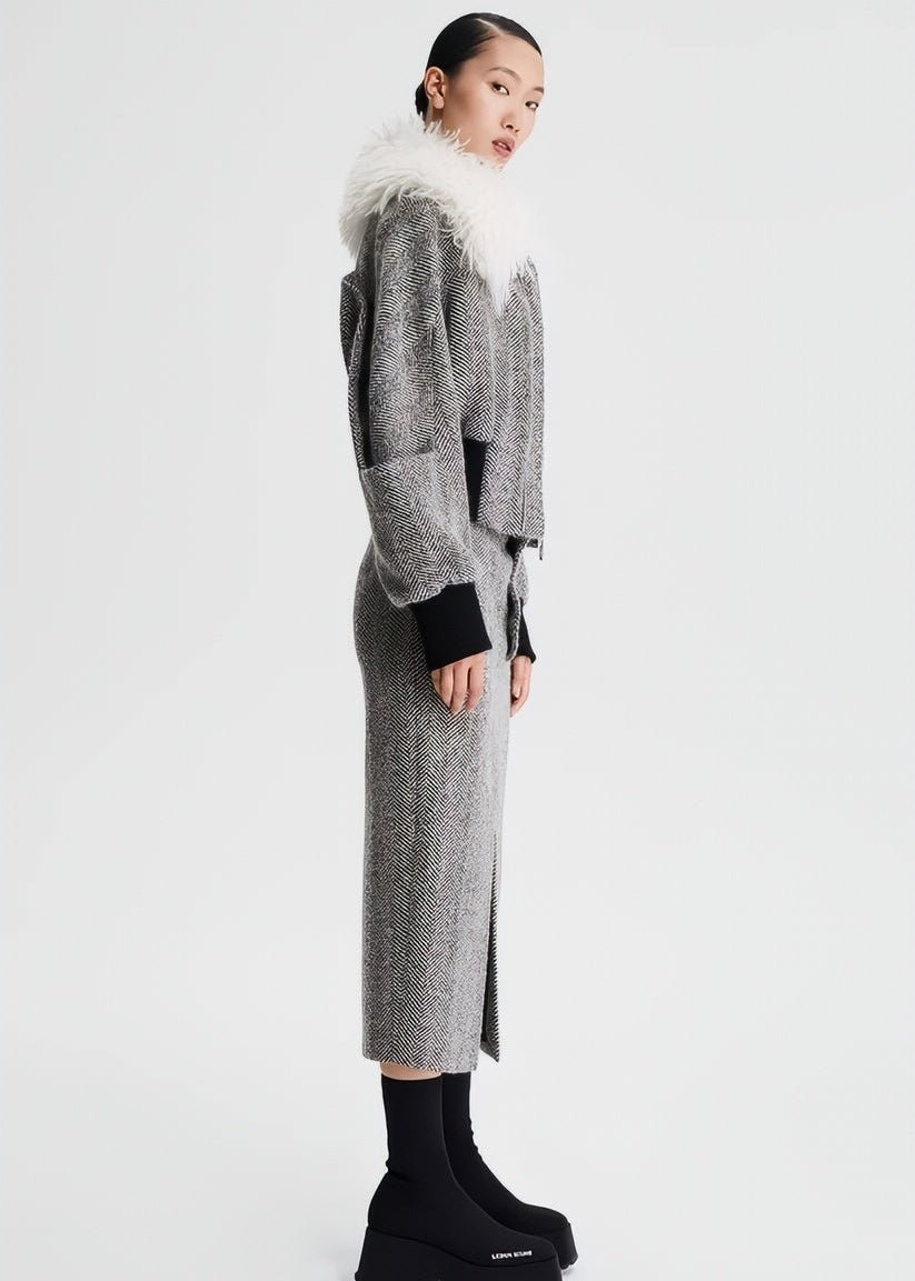 wool fur collar tweed cropped jacket - Vera Lumina